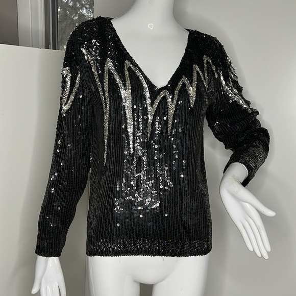 Creative Creations Sz S Black Silver Beaded Pull On V Neck Blouse - Picture 3 of 7